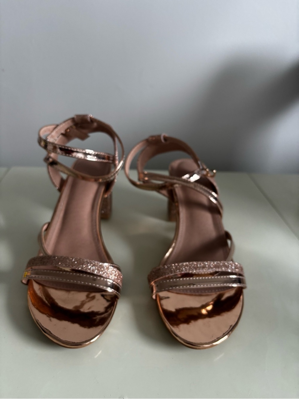 Metallic Rose Gold Strappy Low Block Heel Sandals - Picture 4 of 7